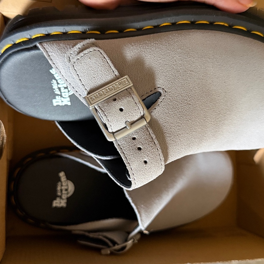 Dr. Martens Men’s Light Gray Suede Buckle Slip-On Clogs